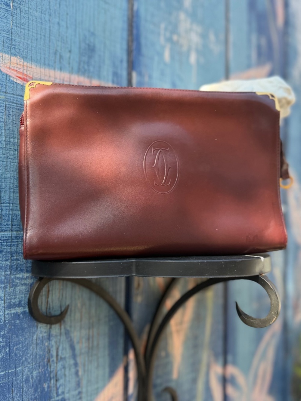 Vintage 1991 Must de Cartier Bordeaux Leather Clutch Bag Pouch with Authenticity